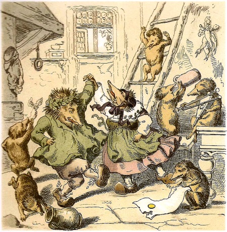 Der Igel Mecki feiert seinen Sieg ber den Hasen, Illustration von Gustav Ss aus dem Jahr 1855