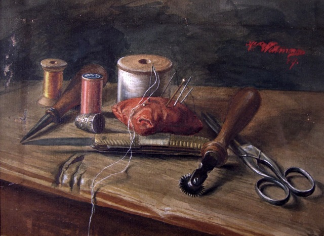 Altes Werkzeug auf Gemälde: Stillleben mit Nähutensilien, Wilhelm Wittmann, 1889